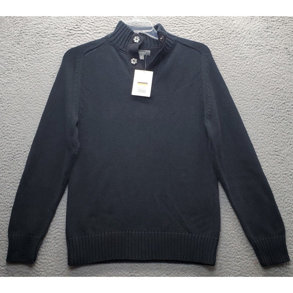Merona Sweater Mens Small Black Chunky Knit Raglan Sleeve Mock Neck Snap‎ Front
